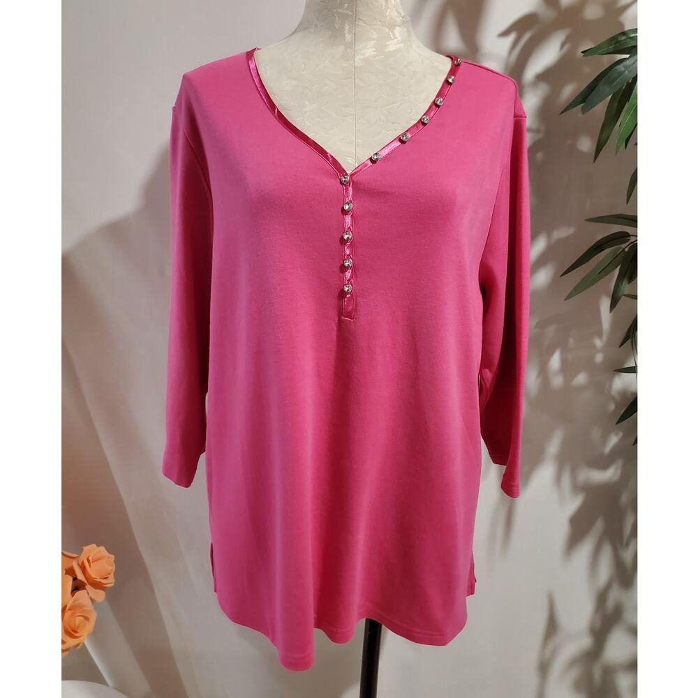Vtg Quacker Factory Rhinestone V-Neck 3/4 Sleeve Henley Top Size XL Pink Bling